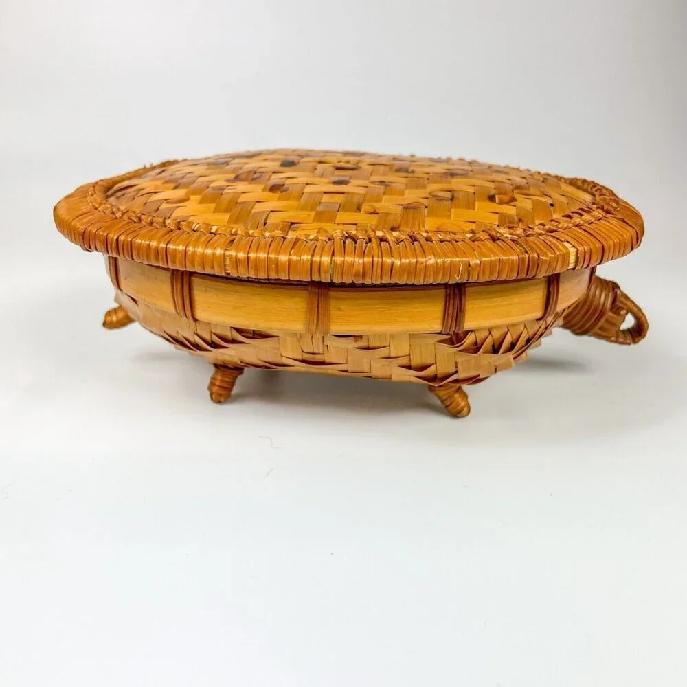Woven Wicker Turtle Basket Box Lid Tortoise Rattan